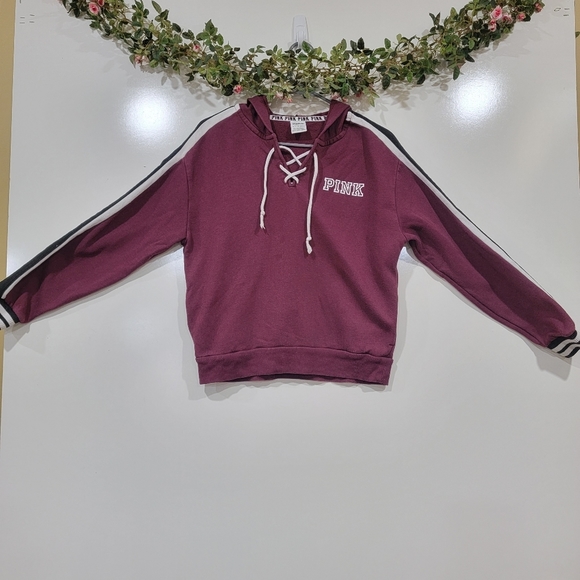 PINK Victoria's Secret Tops - Victoria Secret Pink Maroon Lace Up Hoodie With Pockets, Size XSmall.
